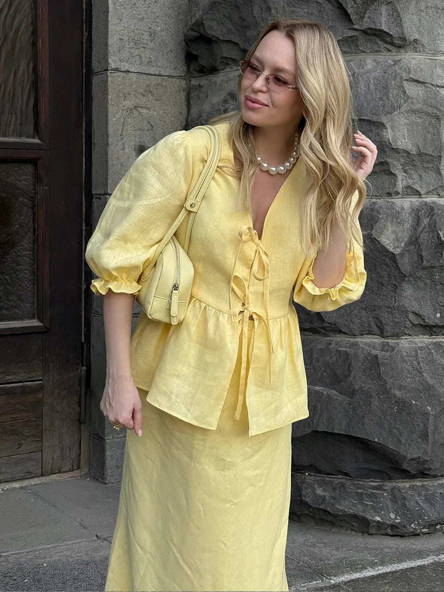 Yellow Cotton Short Sleeve Top and High Waist Midi Skirt Set