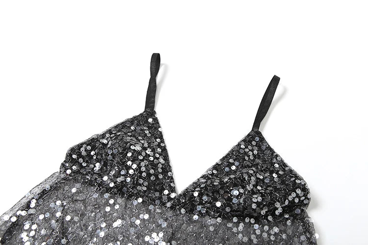 Black Sequins V-Neck Backless Top