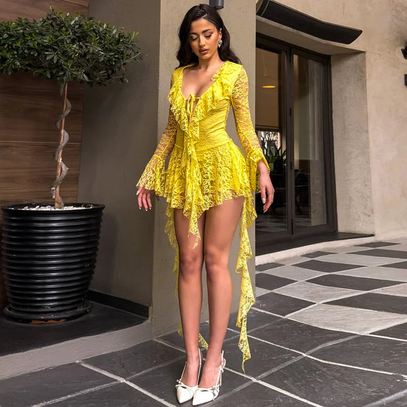 Spring 'S Dress Patchwork Lace Ribbon Ruffle Tie Rope Hollow Out Flare Long-Sleeved Mini Dress