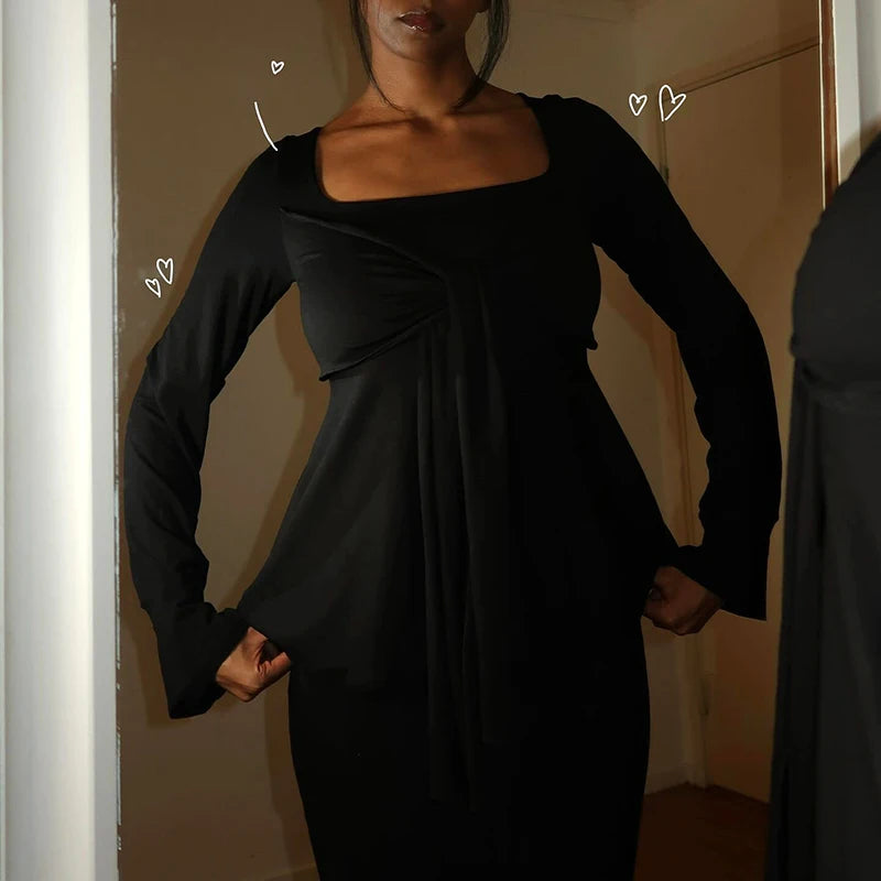 Square Neck With Bow Tie Flare Long Sleeve Top