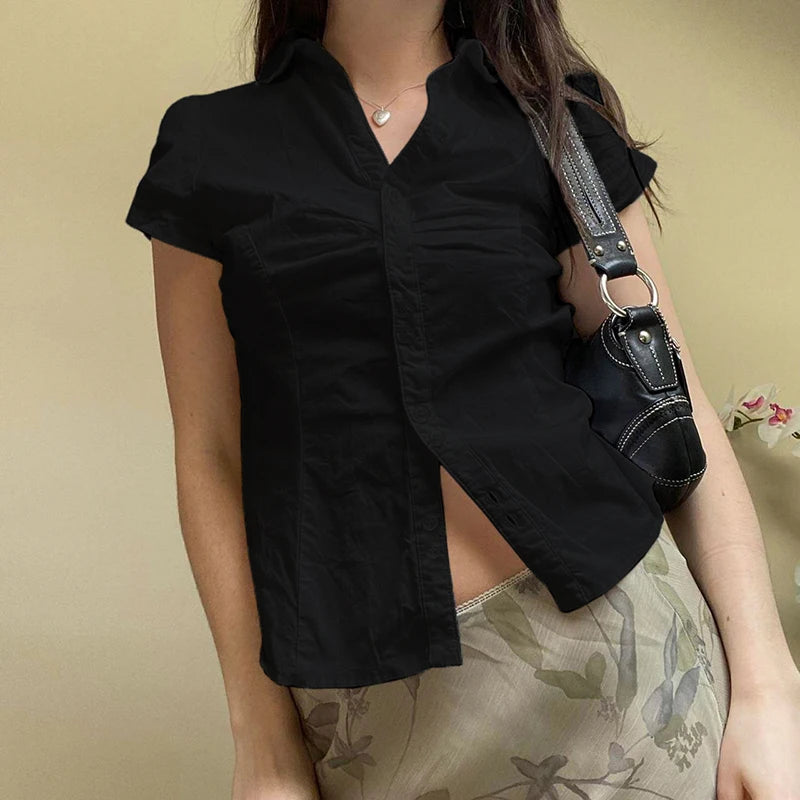 Turn-Down Neck Tee Shirts Short Sleeves Top Ruched Lace-up