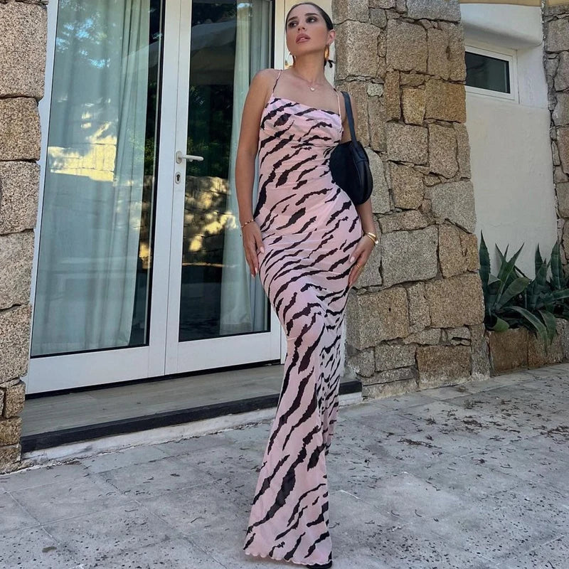 Mesh Zebra Backless Lace Up See Through Maxi Dress