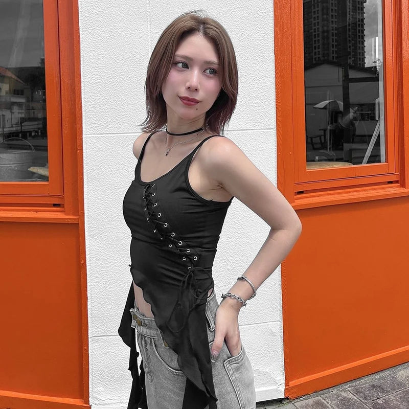 Spring Tie Draped Decorative Border Flutter Belt Backless Slim Irregular tie Girl Design Sense Camis Top
