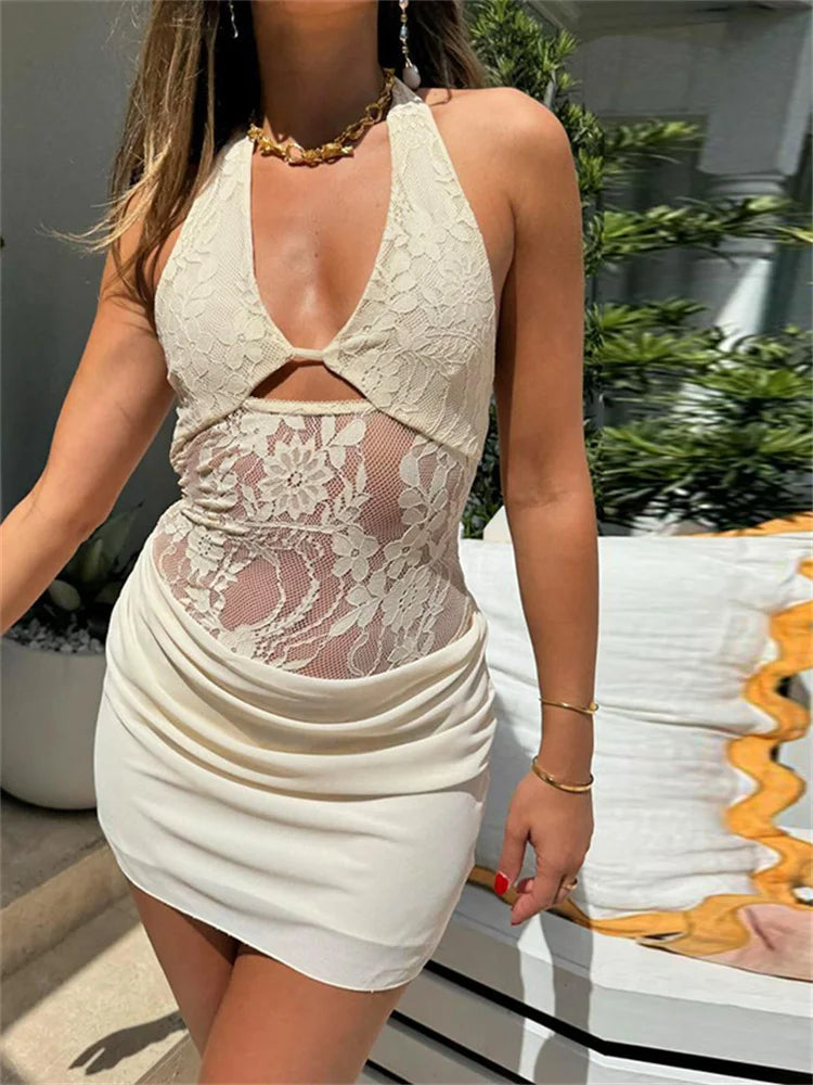 Lace Sheer Mini Dress Halter Bandage Backless V-neck Embroidered Patchwork Bodycon Robe