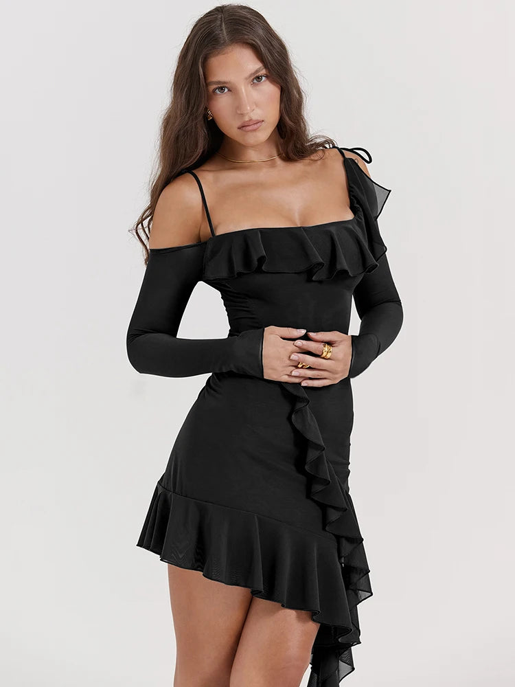 Strap One Line Neck Double Layer Long Sleeve Dress Slim Fit Ruffles Irregular Mini Dress