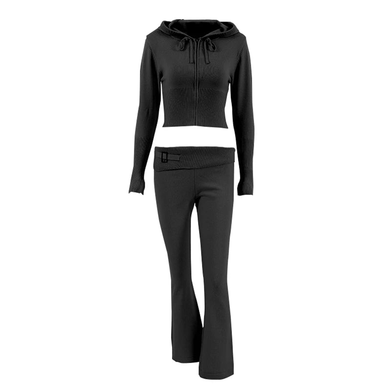 Knit 2 Piece-Set Trousers Hoodie Tracksuit Crop top Knit And Pants Sets Trousers