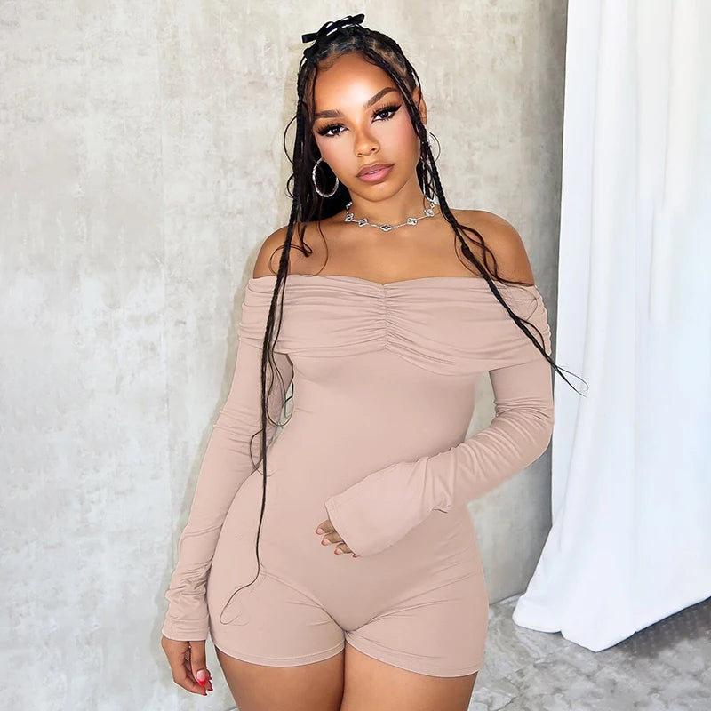 Off Shoulder Pleat Full Sleeve Sporty Playuit Wrap Chet Backless Skinny One Piece Romper