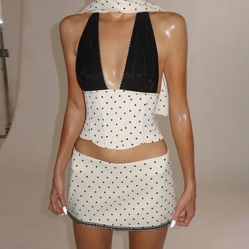 White Polka Dot Deep V-Neck Corset Top and Mini Skirt Set