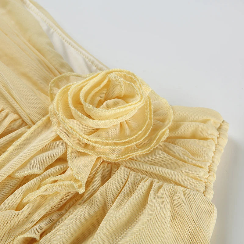 Yellow Flower Pleated Ruffles Low-Waist Mini Skirt