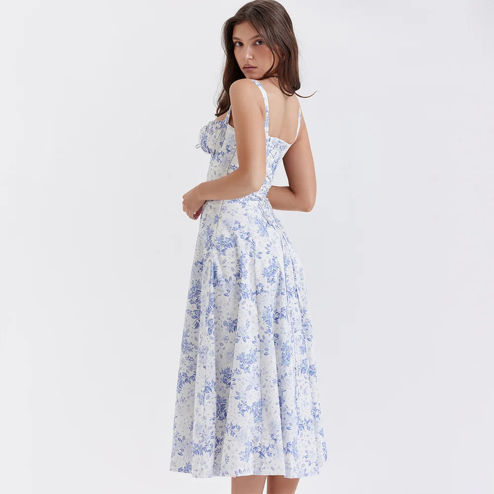 Floral Dress Midi Spaghetti Strap Lace Up Dress A Line