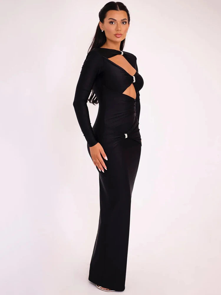 Hollow Out Long Sleeve Maxi Dress Solid Color Slim Fit Cut Out Long Dress