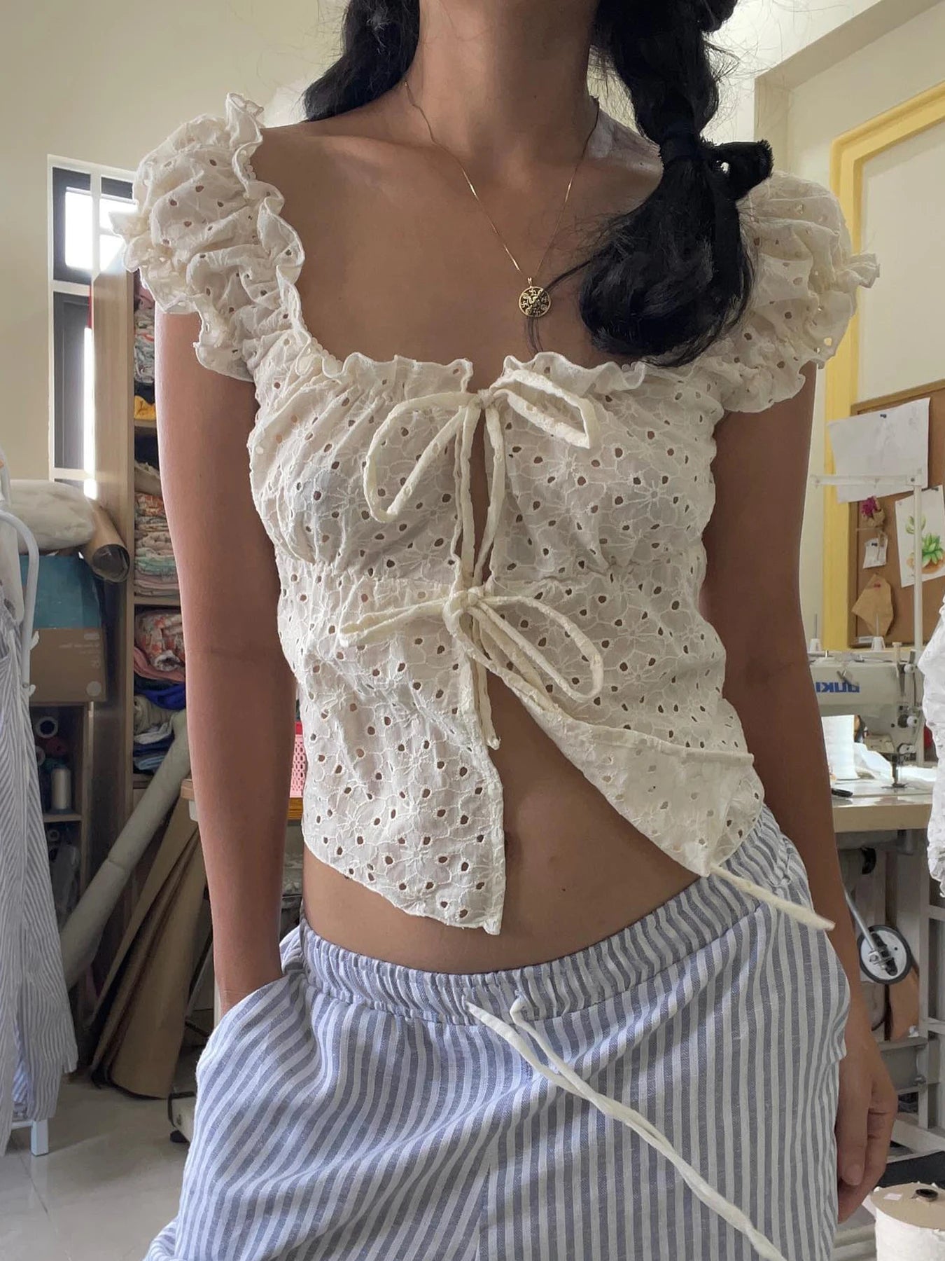 Hollow Out Slim Tee Shirts Lace Up Square Collar Top
