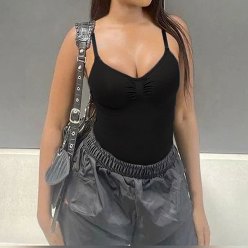 Bodycon Sleeveless Bodysuits Slim Overall Backless Black
