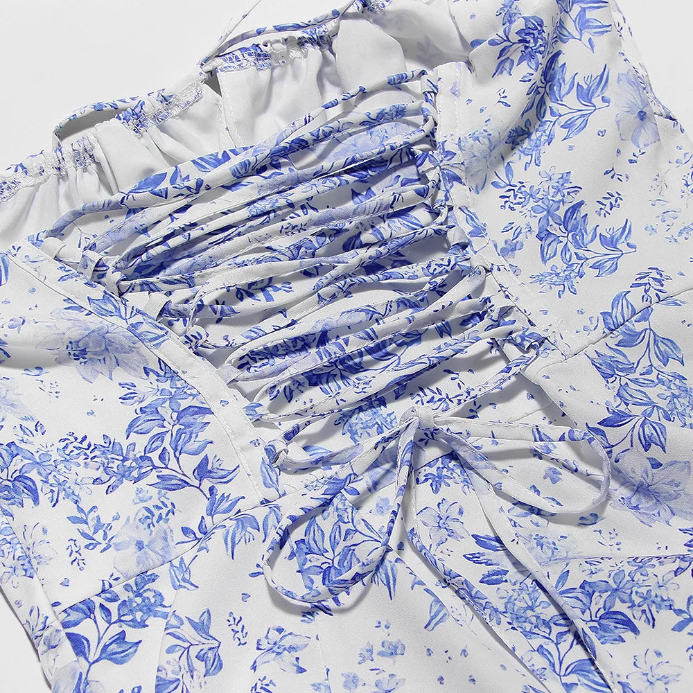 Floral Dress Midi Spaghetti Strap Lace Up Dress A Line