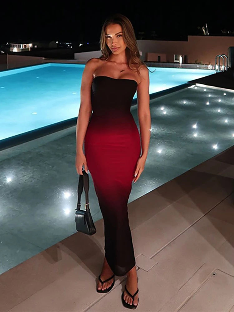 Strapless Maxi Dress Black Backless High Waist Dress