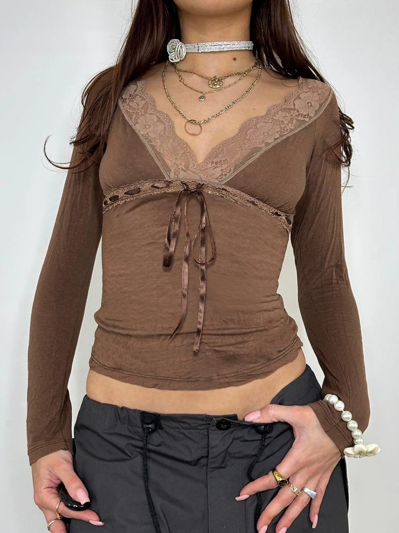 Lace Patchwork Brown T-shirts Long Sleeves Retro Top Tee