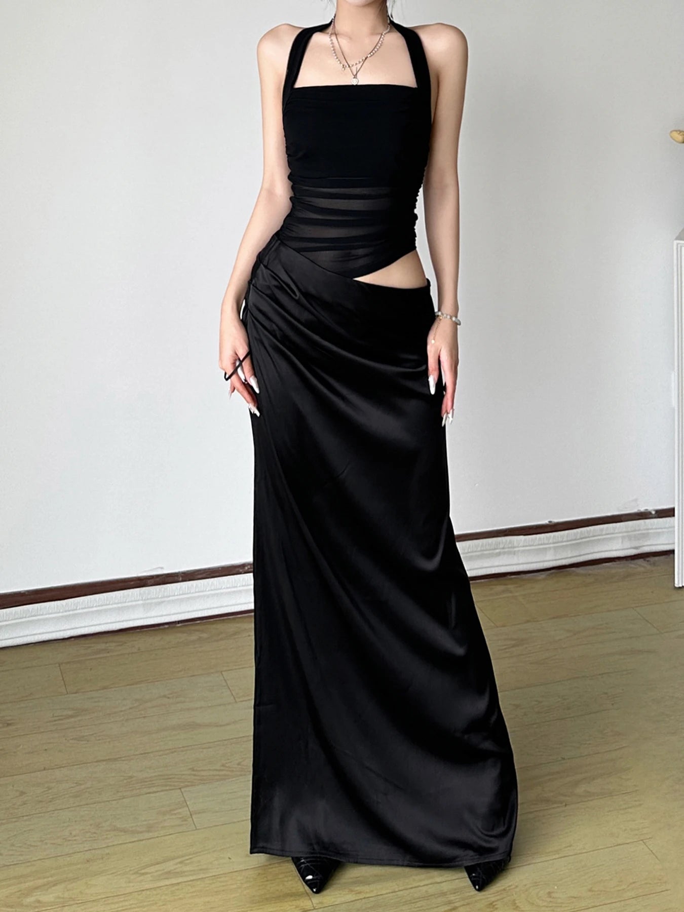 Patchwork Mesh Satin Dress See Through Slim Slash Neck Sleeveless Maxi