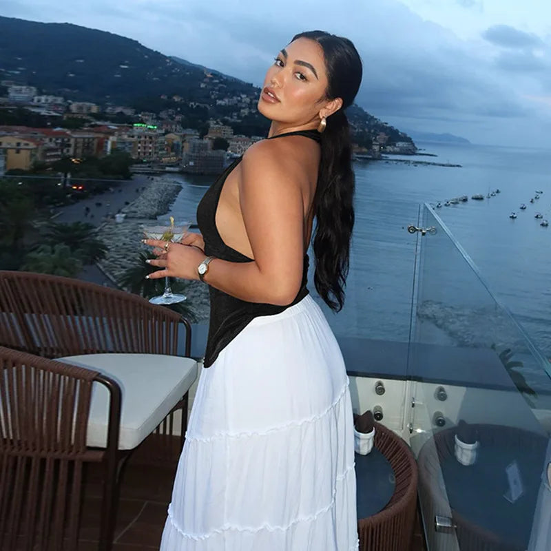 Draped V-Neck Halter Backless Crop Top