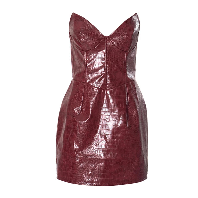 Crocodile Leather Mini Dress V-Neck Sheath Waisted Hip Short Dress