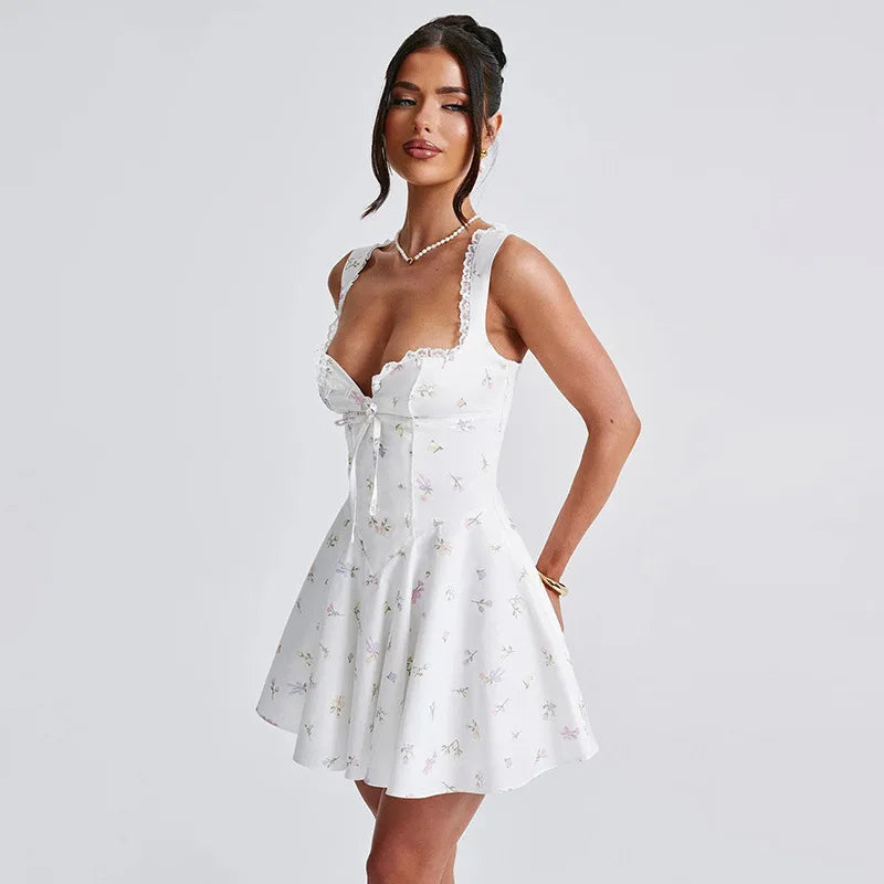 Sleeveless Deep V Backless Pleated Dress Hip Skirt Bodycon Slim Fit Printed Lace Dress