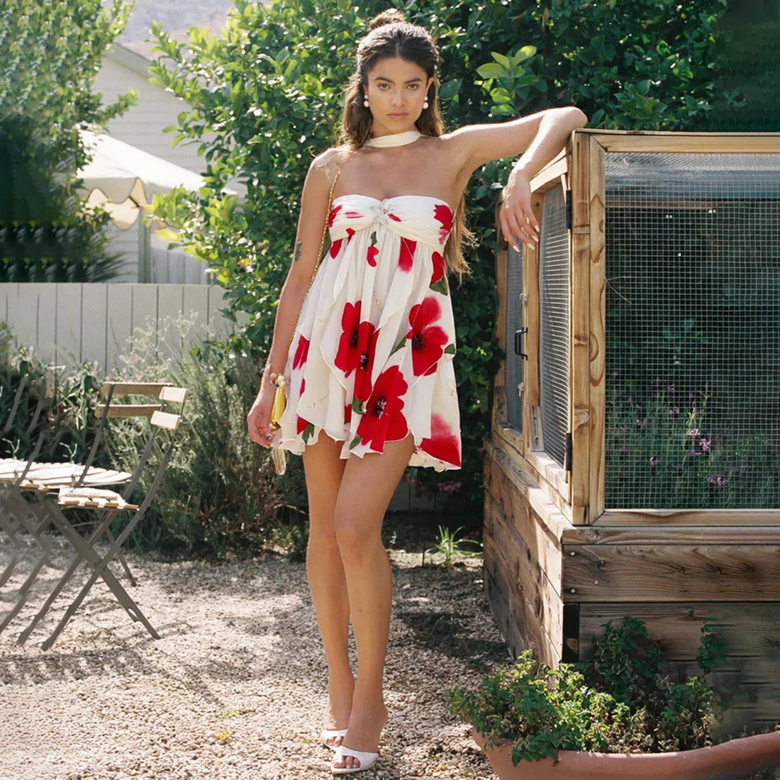 Floral Mesh Backless Strapless Mini Dress