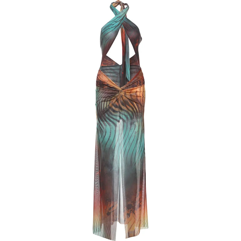 Gradient Colorful Dress Hollow Cross Halter Backless Robe Bodycon