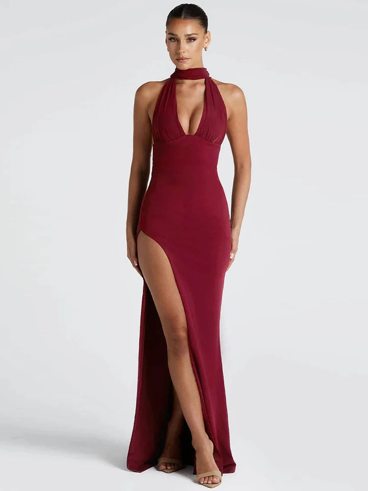 Dress Claic Halter V-neck Split Backless Slim Stretch Maxi Bodycon Banquet
