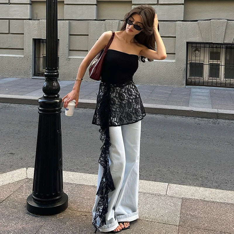 Off Shoulder Lace Ruffle Trim Crop Top Backless Slim Tank Top Camis