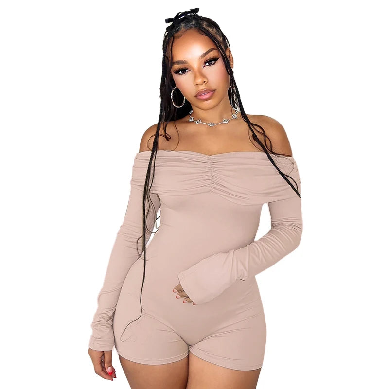Off Shoulder Pleat Full Sleeve Sporty Playuit Wrap Chet Backless Skinny One Piece Romper