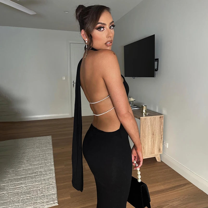 Slash Neck Dress Halter Sleeveless Backless Dress Pearl Strap Noble Dresses Evening Gowns