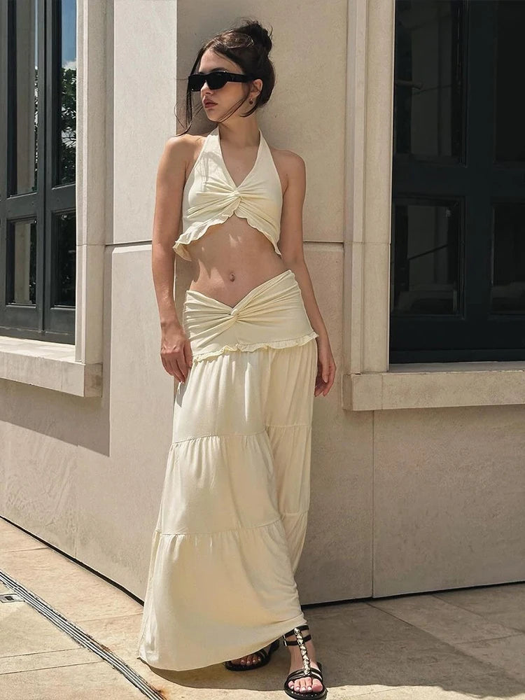 Two Piece Set Halter Backless Crop Camisole Waist Ruffles Long Skirt Ruched Street Suits