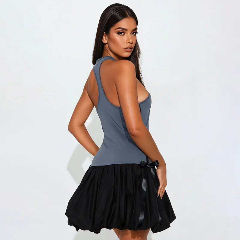 'S Color Collision Patchwork Sleeveless Vest Bow Decorated Bud Mini Dress Girl