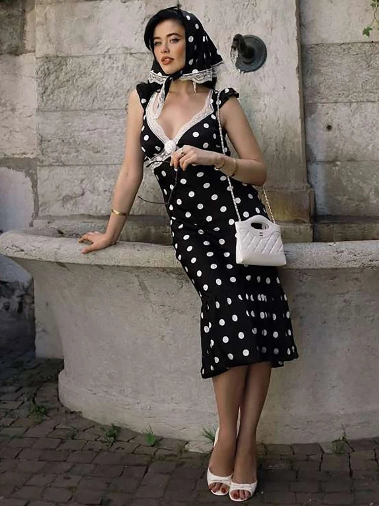 Black Backless Polka Dot Ruched Bodycon Midi Dress