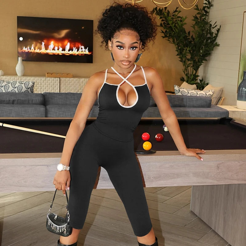 'S Spring Cross Camisole Hollow Out Backless Slim Tie Rope Camisole Top Seven Pants Set