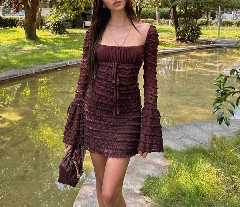 Slim Fitting Backless Low-cut Lace Up Mini Dress Texture Long Sleeve Dress