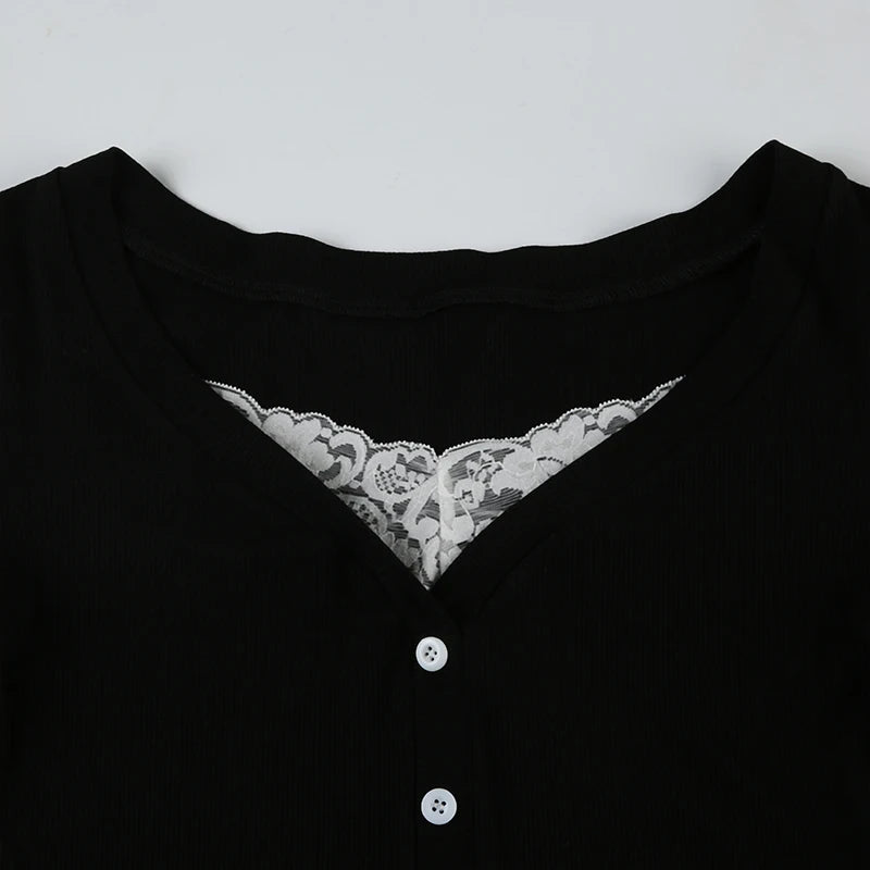 Lace Patchwork Slim Tee Shirt Long Sleeve Button Top