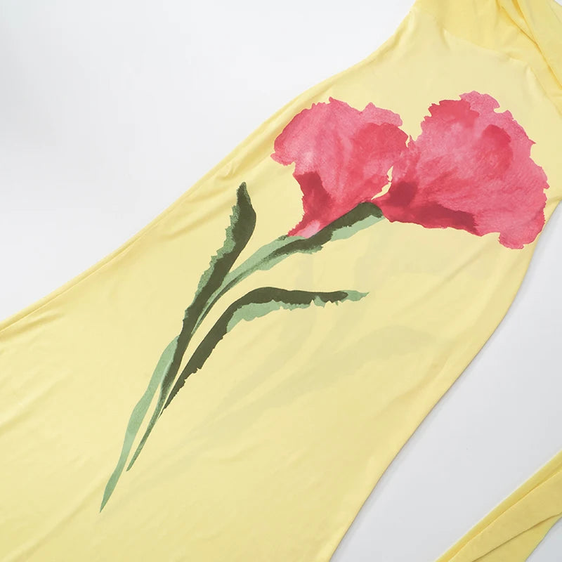 Flower Printing Hanging Neck Tie Backless High Waist Slim Fishtail Halter Long Dress
