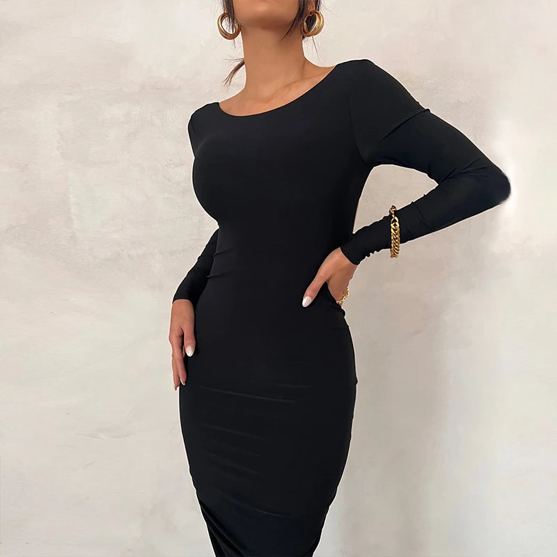 Ruched Backless Long Sleeve Bodycon Midi Dress