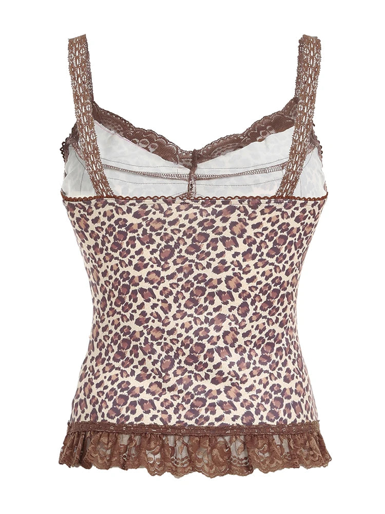 Leopard Print Camisole Backless Lace Patchwork Sleeveless Top Bustiers