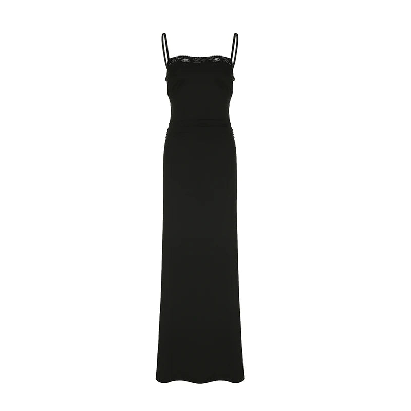 Long Dress Lace Patchwork Black Sleeveless Sundresses