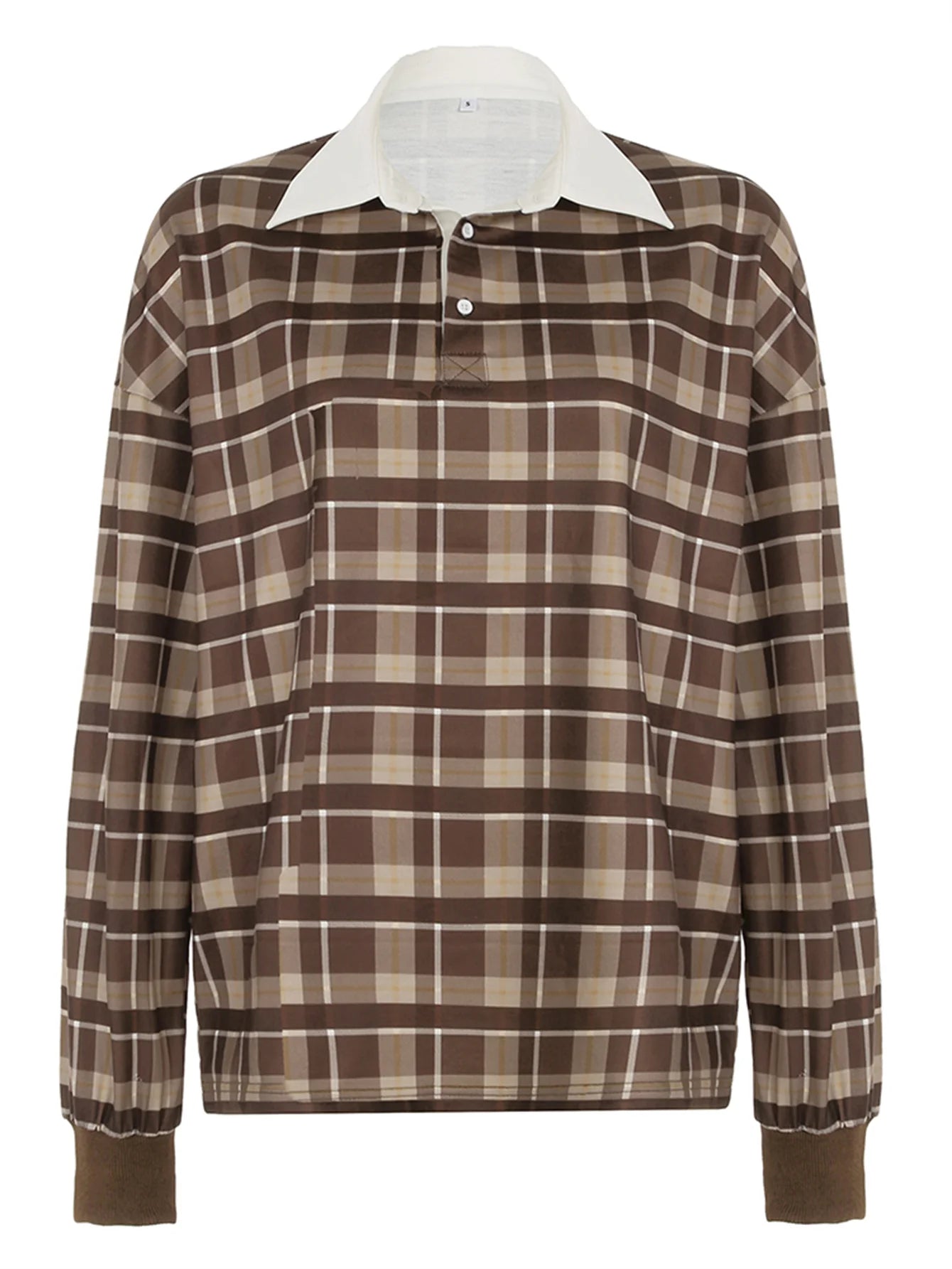 Retro Plaid Pullovers Turn-down Collar Loose Sweatshirts Brown