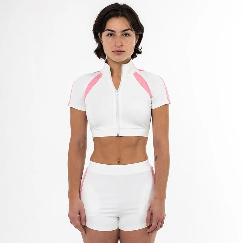 Lapel Zipper Clah Patchwork Waitle Short Sleeve Skinny Short Top Elatic Cord Sport Short Set