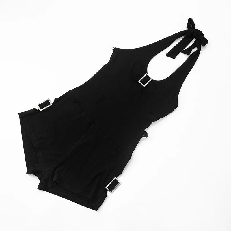 'S Color Tie Rope Hanging Neck Elastic Adjustable Buckle Backless Hollow Out Package Hip Playsuit