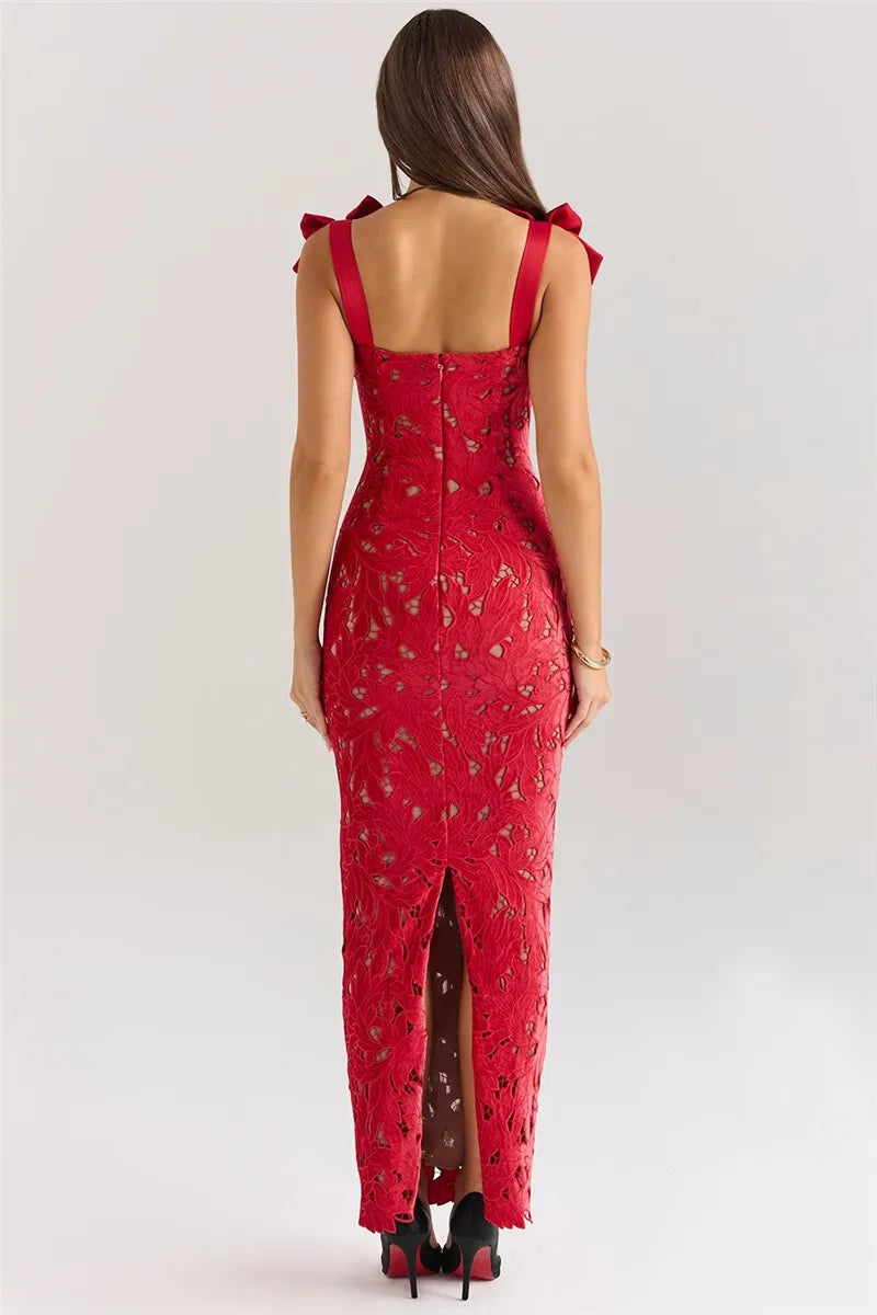 Bows Lace Maxi Dress Sleeveless Backless Bodycon Year Long Dress