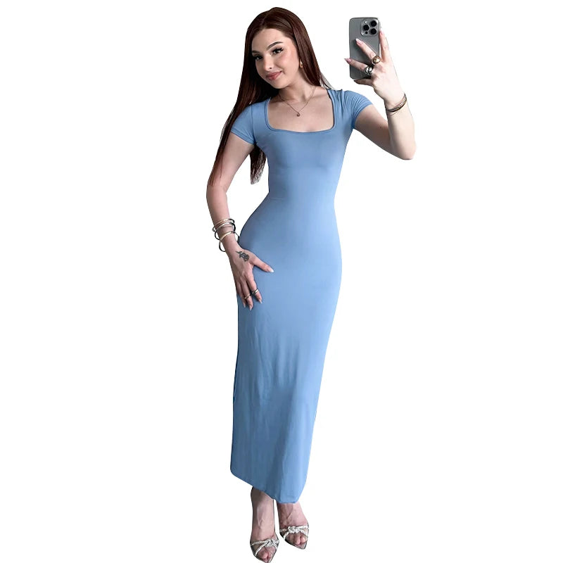 Square Collar Long Dress Short Sleeve Skinny Maxi Dress