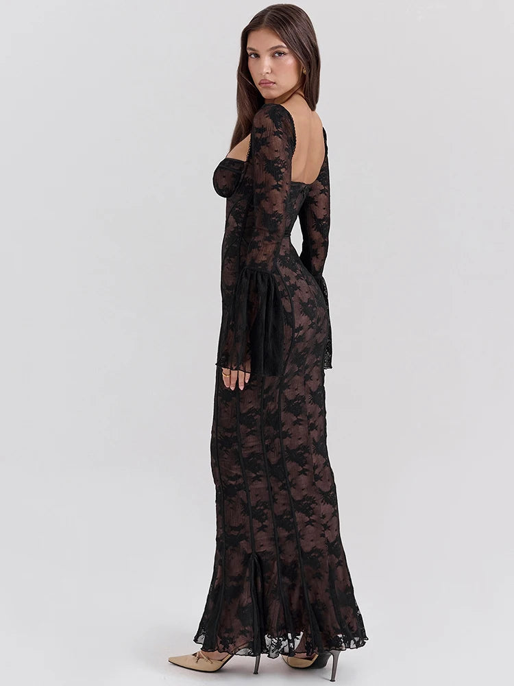 Lace Long Flare Sleeve Maxi Dress Square Collar Backless Bodycon Dress