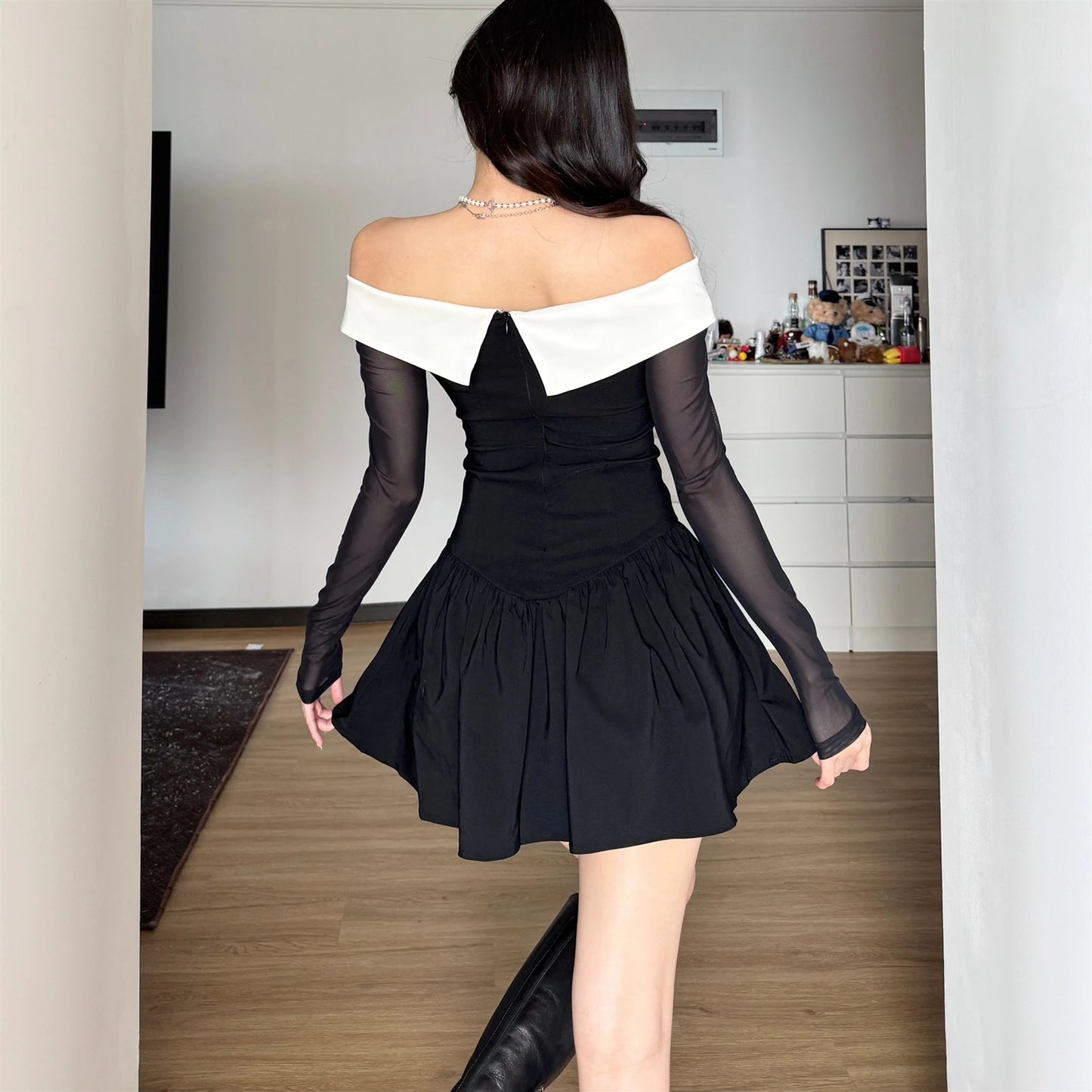 Black Off Shoulder Long Sleeve A-Line Mini Dress