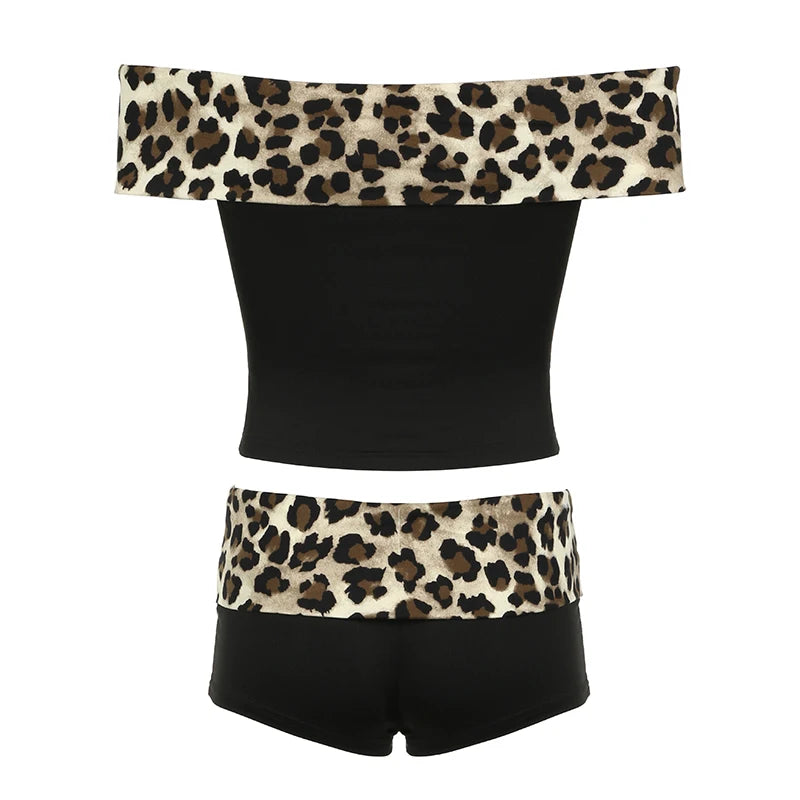 Leopard Patchwork 's Two Piece of Sets Slash Neck Crop Top and Low Waisted Shorts