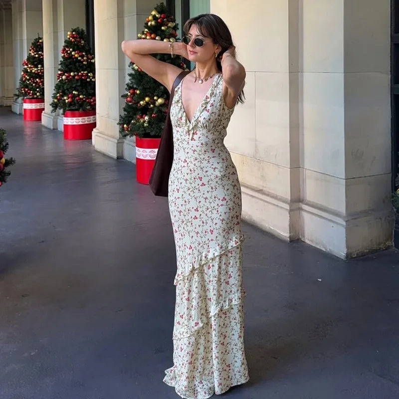 Apricot Floral V-Neck Maxi Dress