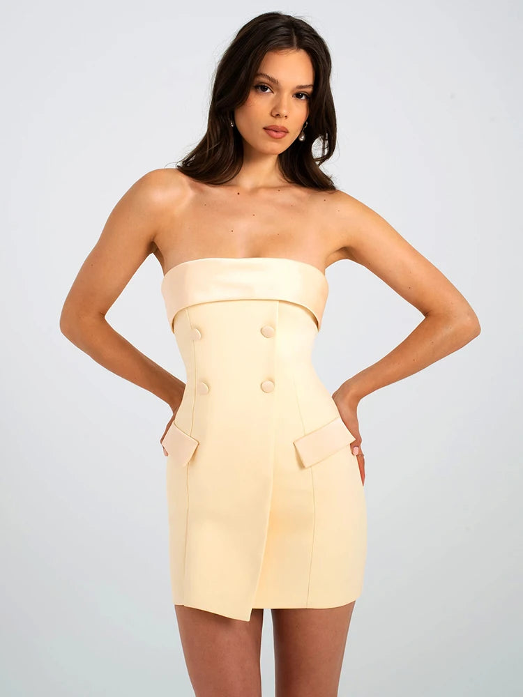 Off Shoulder Zipper Dress Khaki Backless Double Breasted Dress